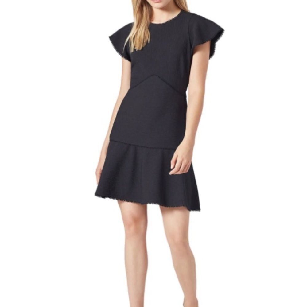 Joie - Cybele Short Flutter Sleeve Black Dress w/Back Cutout and PomPom Trim XS